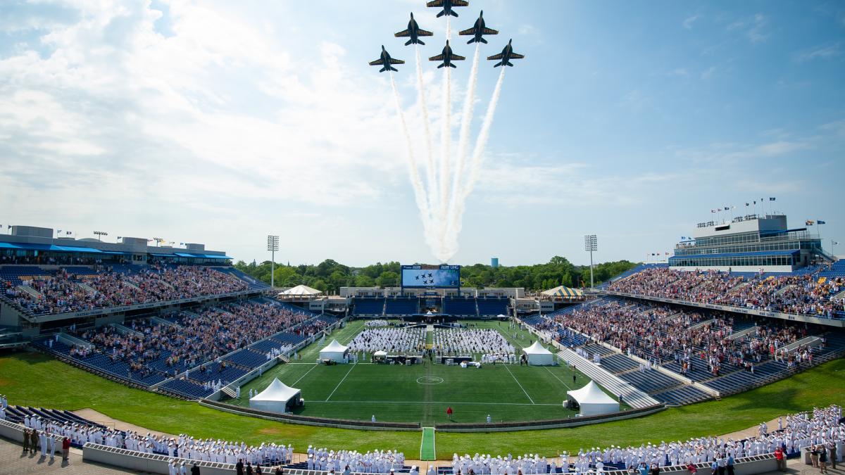 Navy Blue Angel jets flying over 2021 Naval Academy graduation, Courtesy, U.S. Naval Academy