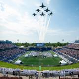 Navy Blue Angel jets flying over 2021 Naval Academy graduation, Courtesy, U.S. Naval Academy